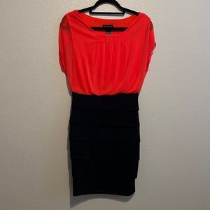 Coral and navy tummy flattering cocktail dress